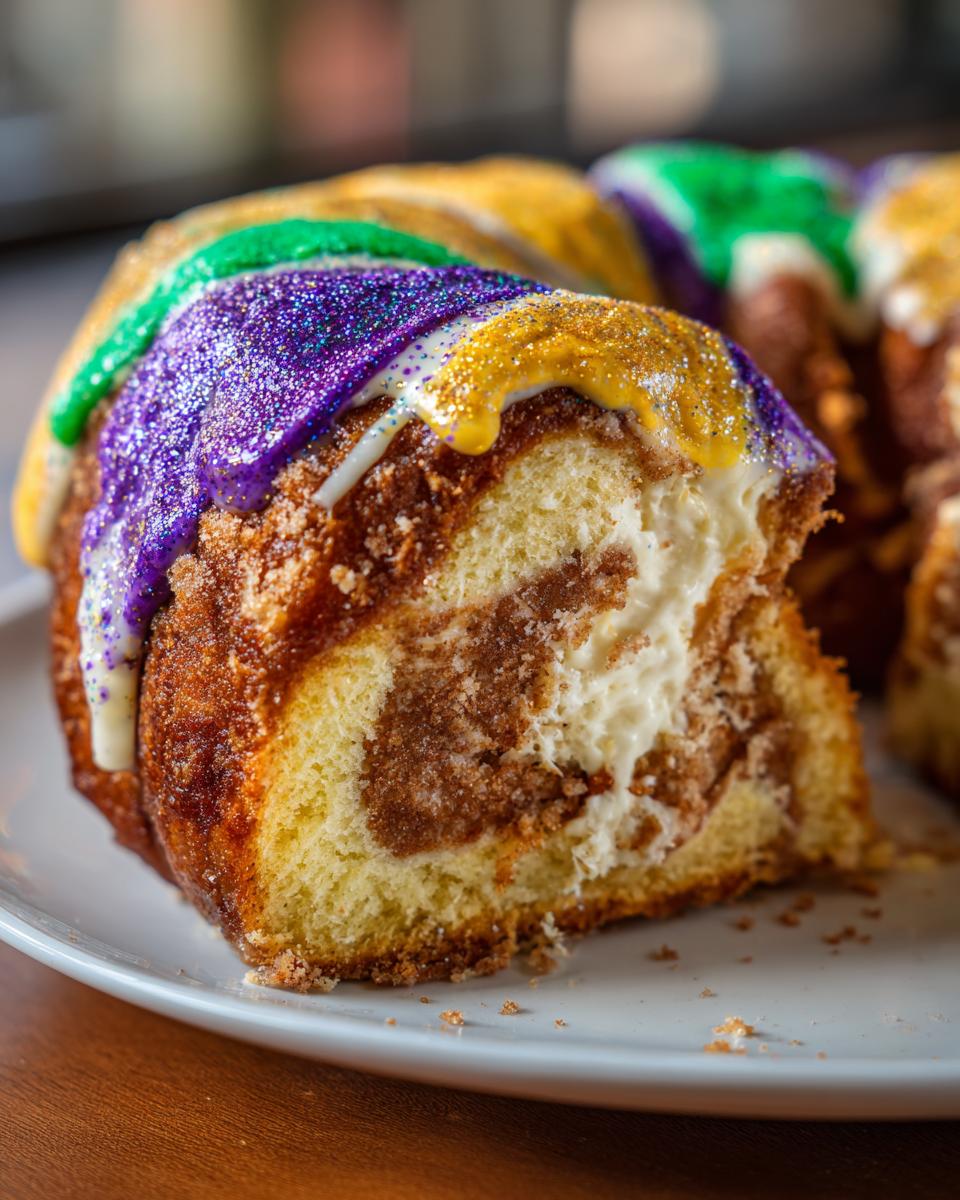 A close-up slice of a cream cheese filled king cake showing purple, green, and gold icing and glitter.