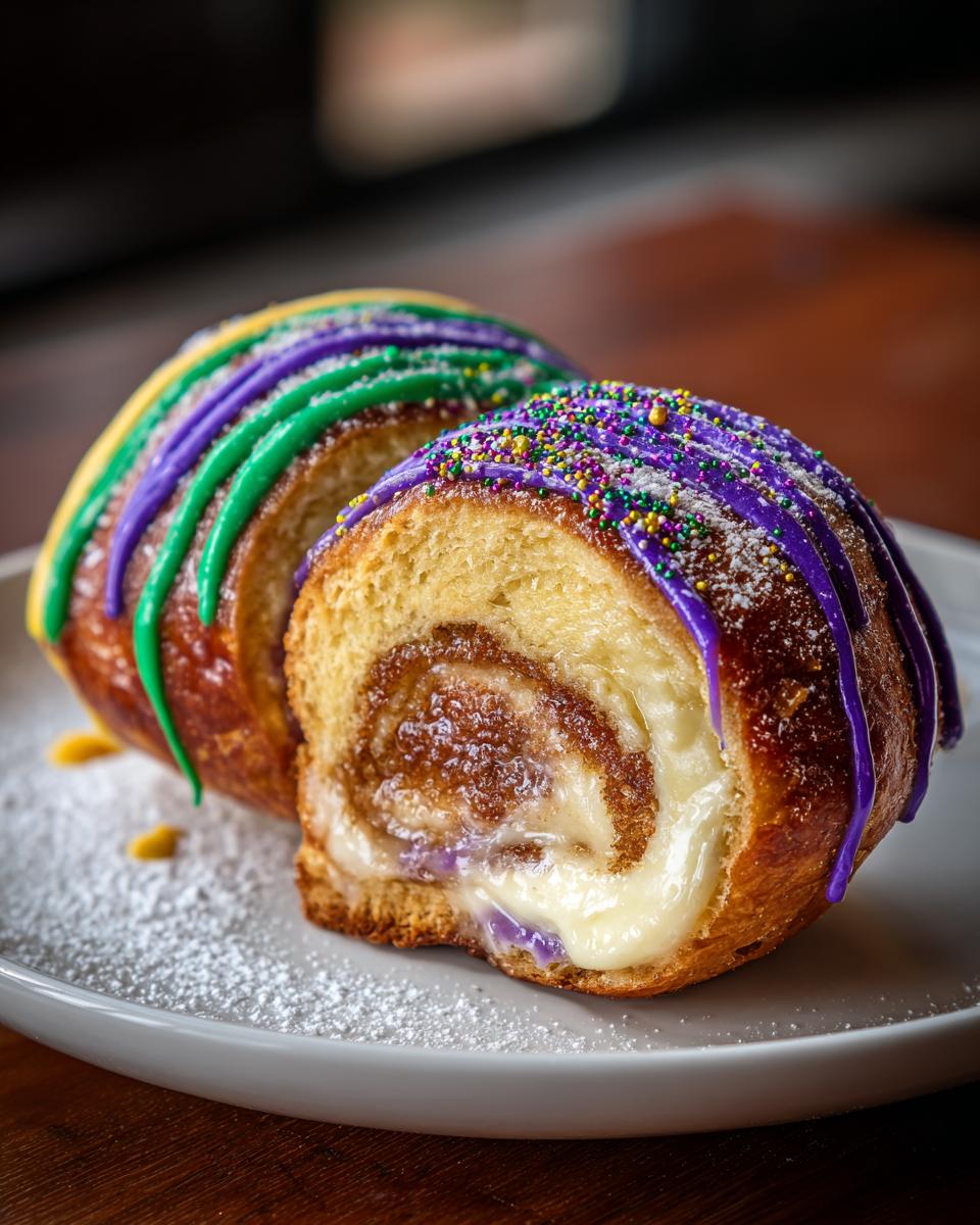 Two slices of rich king cake filled with cream cheese and cinnamon, topped with purple, green, and gold icing.