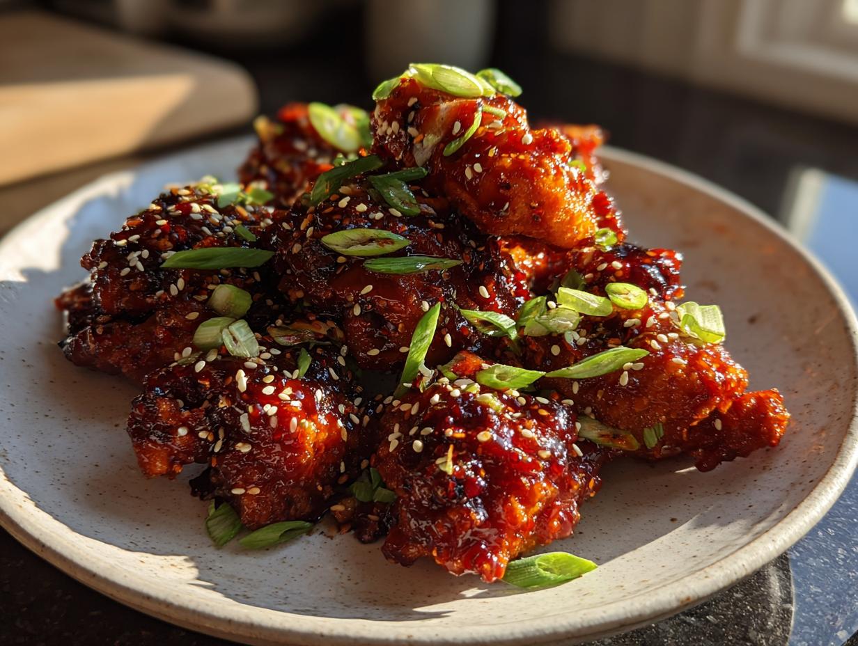 A plate of glossy, dark red Korean fried chicken pieces topped with sesame seeds and sliced green onions.