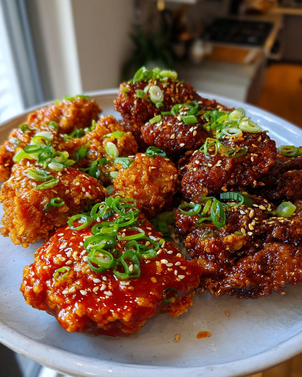A close-up of a plate featuring various pieces of crispy korean fried chicken coated in sweet and spicy glazes, topped with sesame seeds and scallions.