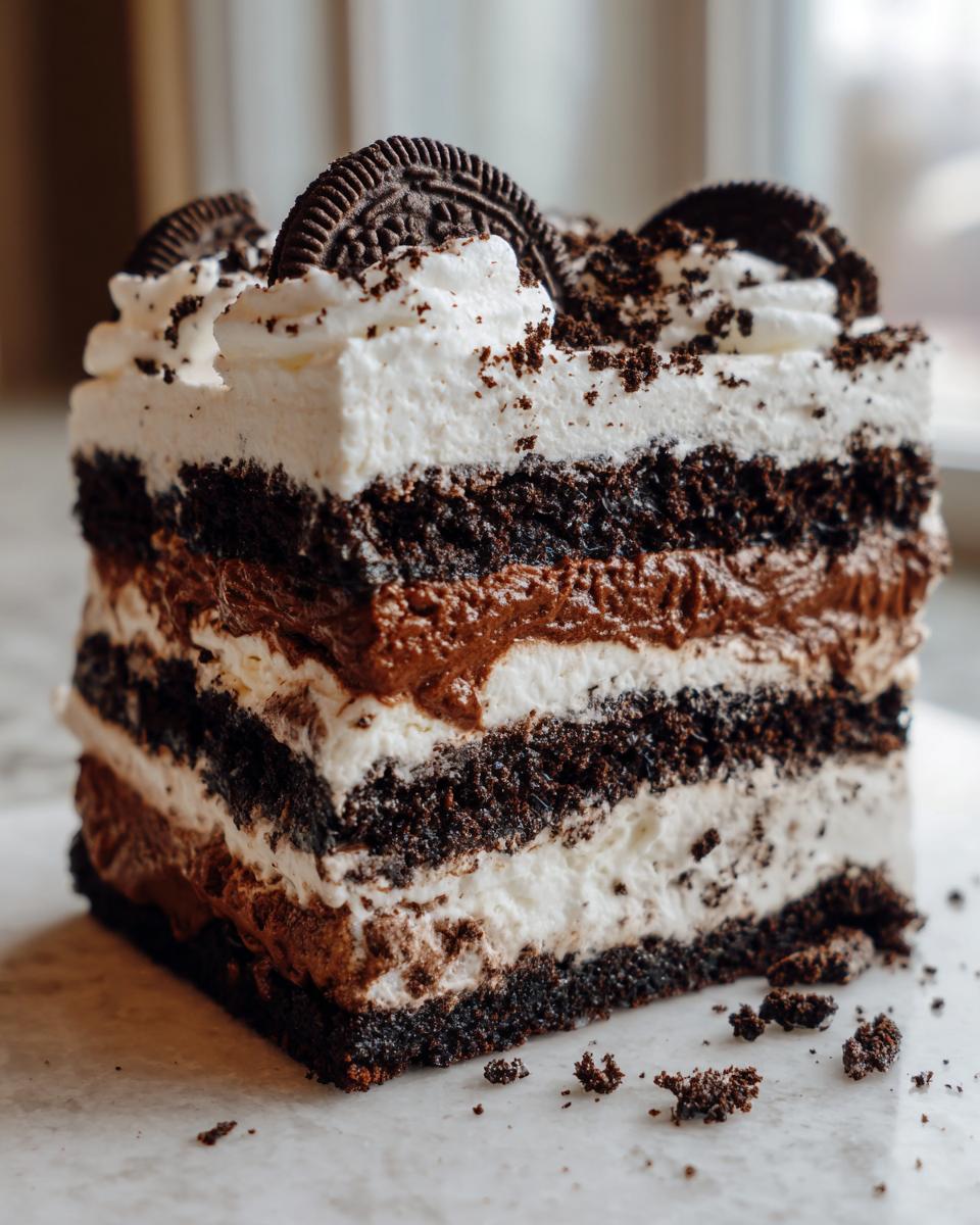 A decadent slice of layered ice cream cake featuring dark chocolate cake, white cream, and chocolate mousse, topped with whipped cream and Oreo cookies.