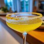 Close-up of a bright yellow lemon drop cocktail in a coupe glass with a sparkling sugar rim.