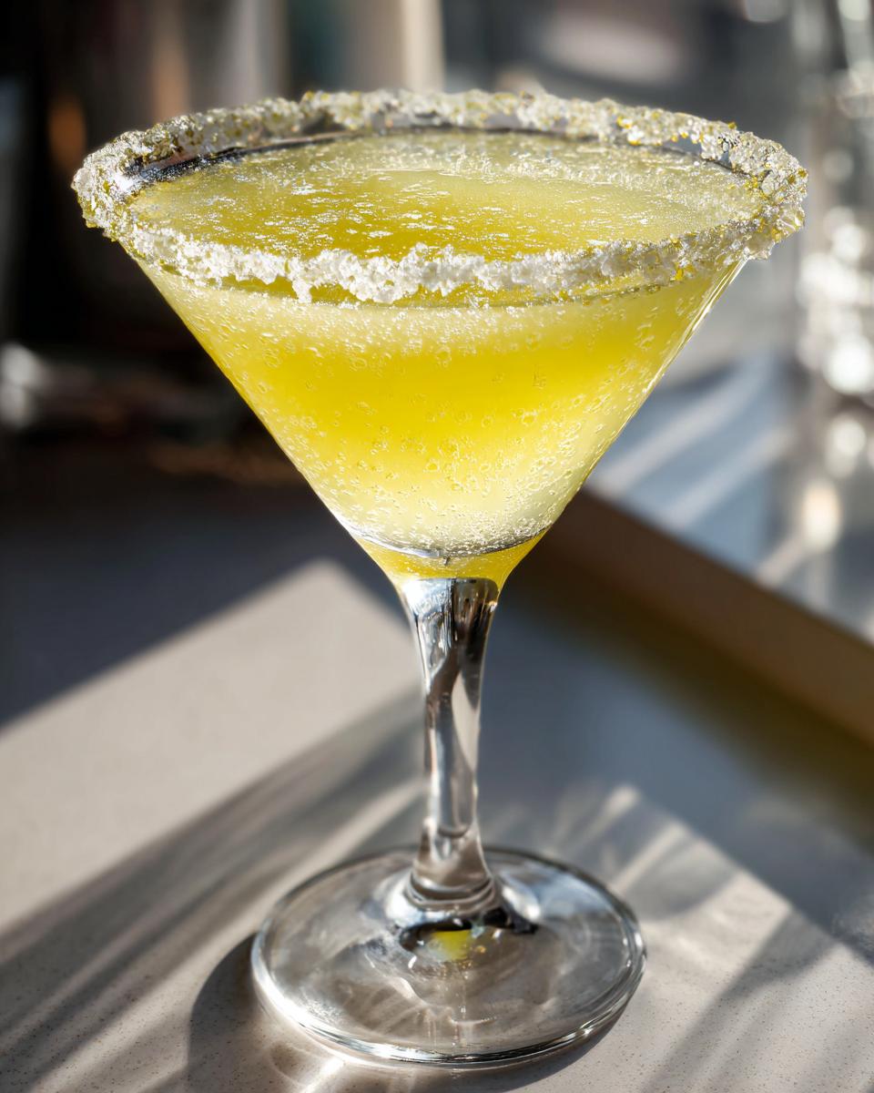 A bright yellow, chilled lemon drop cocktail in a martini glass with a thick, sparkling sugar rim.