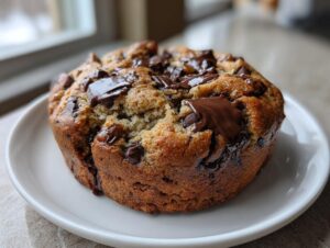 A thick, golden-brown cookie loaded with melted chocolate chips, resembling a levain bakery chocolate chip cookie.