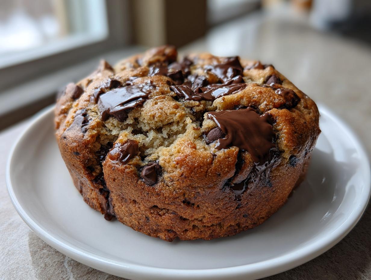 A thick, golden-brown cookie loaded with melted chocolate chips, resembling a levain bakery chocolate chip cookie.