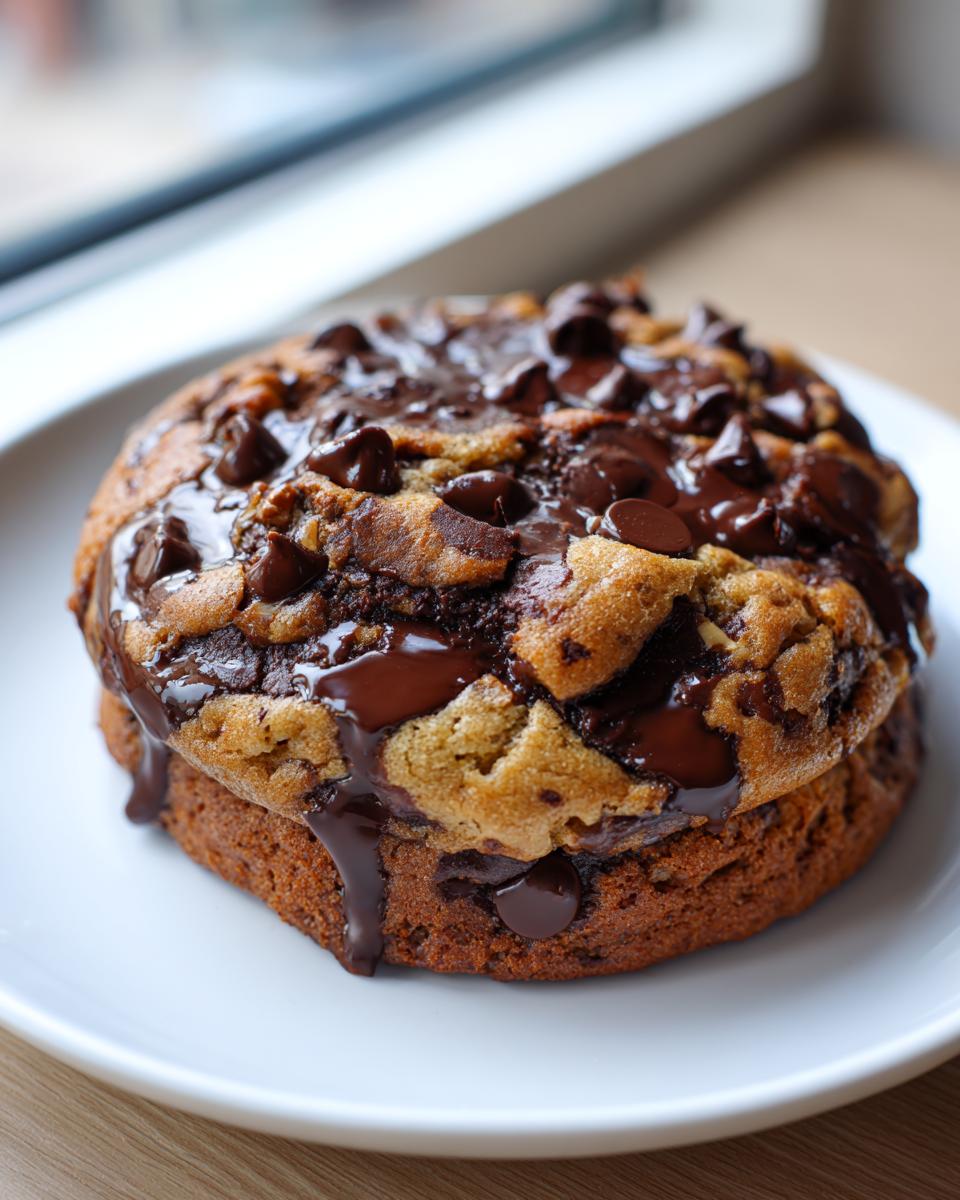 A thick, gooey levain bakery chocolate chip cookie topped with melted chocolate chips.