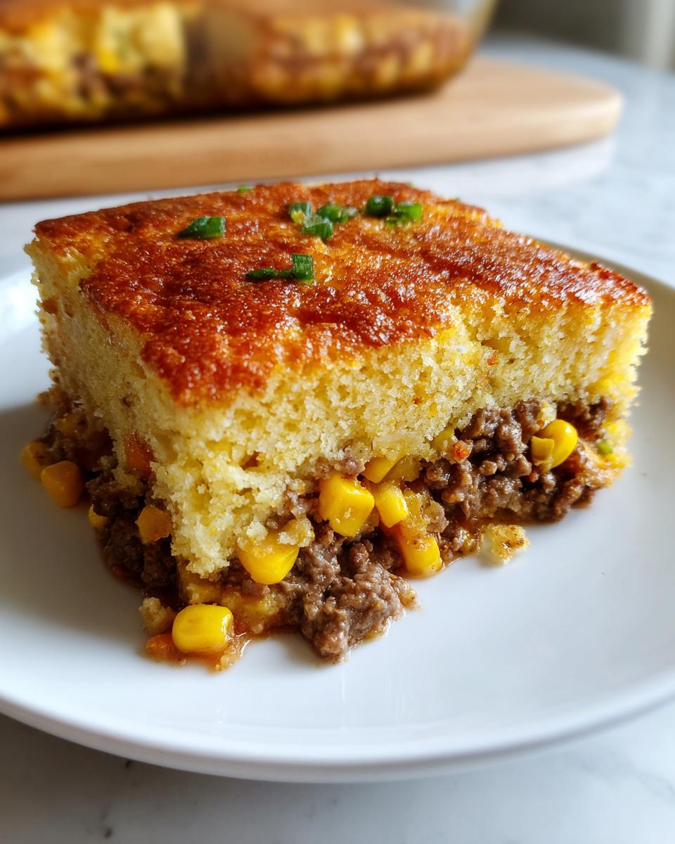 A square serving of Mexican cornbread casserole featuring a golden top layer over seasoned ground beef and bright yellow corn kernels.