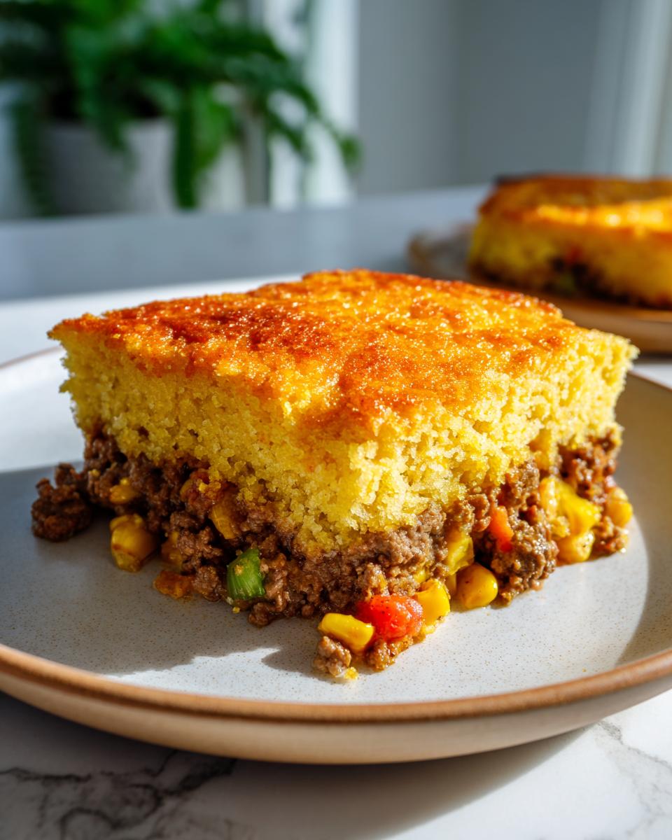 A close-up slice of mexican cornbread casserole featuring a thick, golden cornbread top over a savory ground beef and corn filling.