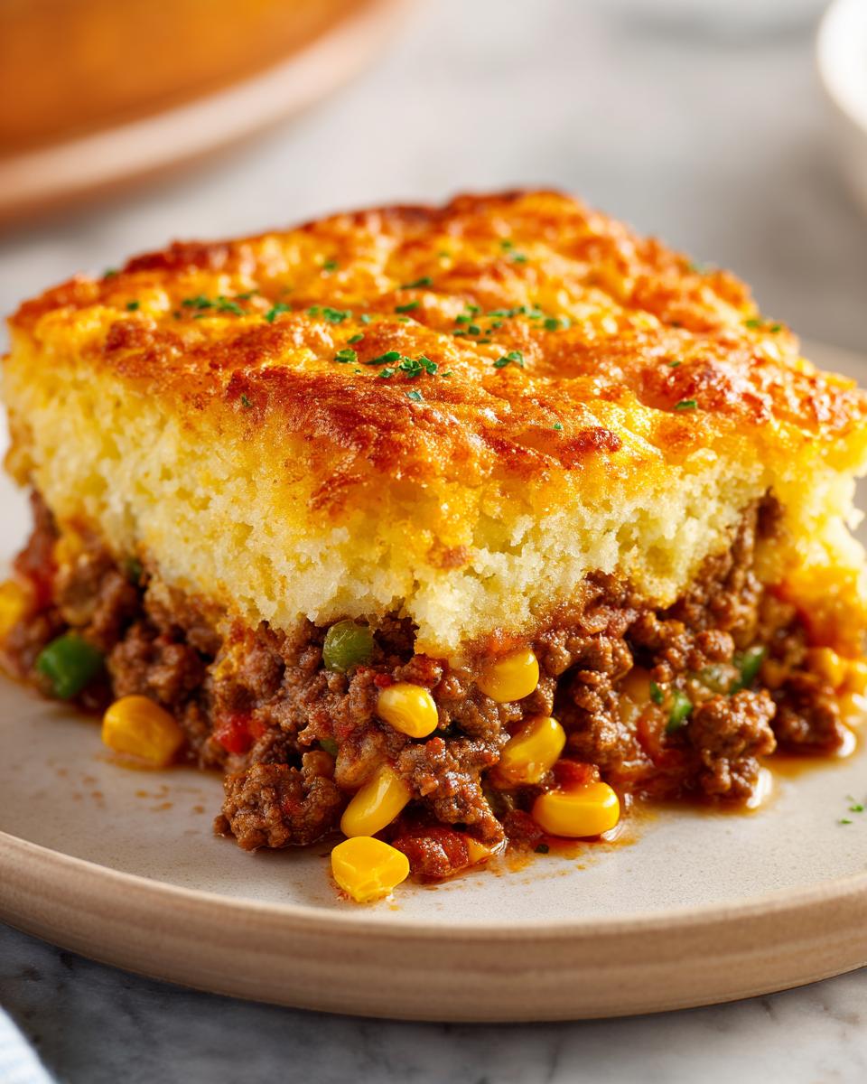 A close-up serving of mexican cornbread casserole showing a thick, golden cornbread top over a savory ground beef, corn, and vegetable filling.