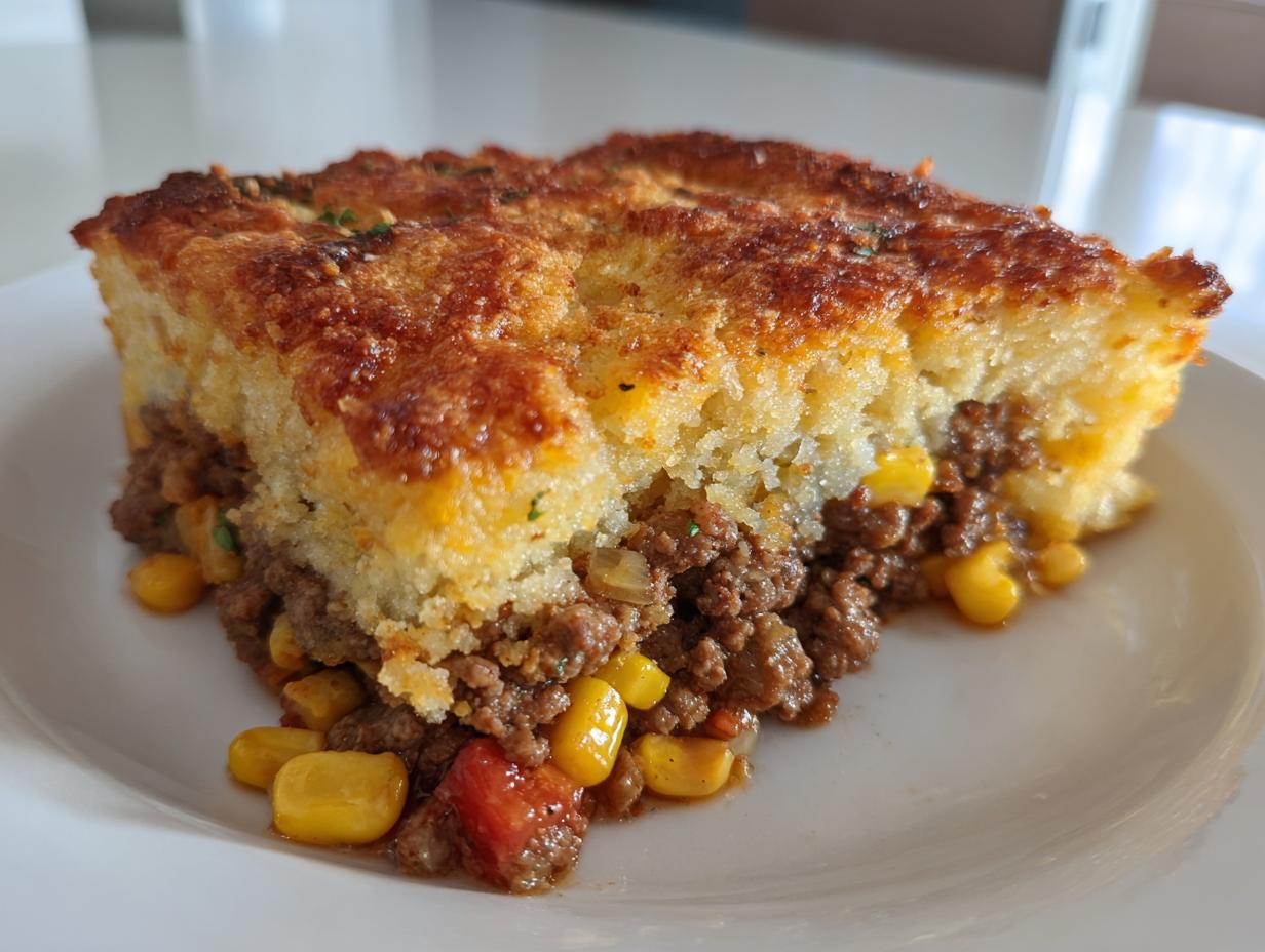 A close-up slice of Mexican cornbread casserole showing a golden, baked cornbread topping over seasoned ground beef and corn filling.