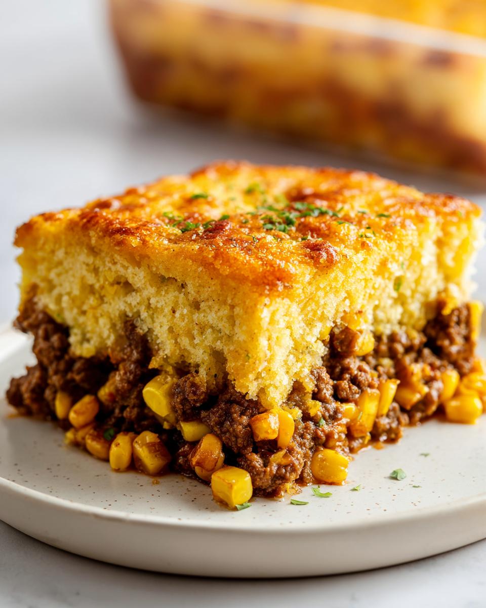 A thick slice of mexican cornbread casserole featuring a golden cornbread top layer over seasoned ground meat and corn filling.