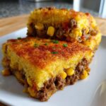 Two stacked slices of golden mexican cornbread casserole filled with seasoned ground meat and corn kernels.