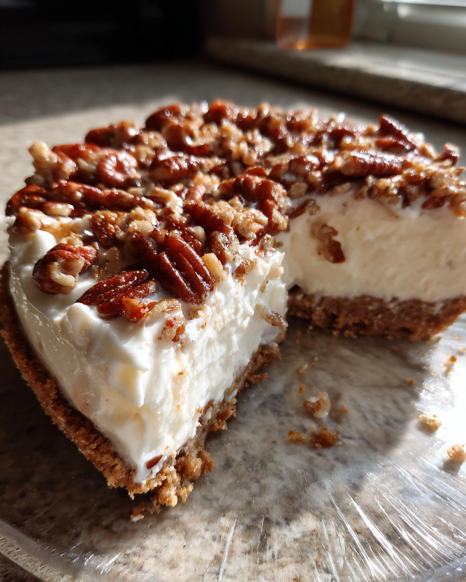 Close-up of a slice of million dollar pie showing the thick cream filling and pecan topping on a graham cracker crust.
