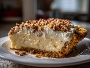 A close-up of a thick slice of million dollar pie featuring a creamy filling, whipped topping, and chopped pecans.