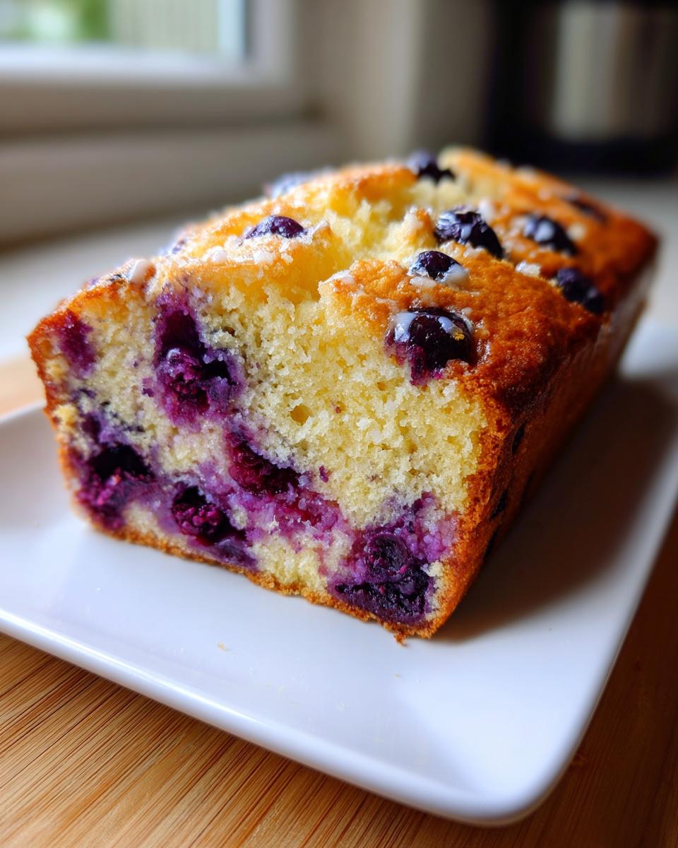 Close-up of a moist, golden blueberry bread loaf studded with purple blueberries, sitting on a white plate.