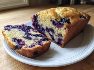 A moist blueberry bread loaf, partially sliced, showing the rich purple blueberries baked into the yellow crumb.