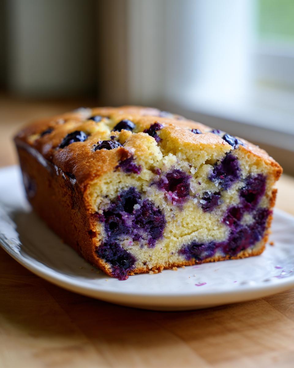 A close-up of a moist slice of golden blueberry bread packed with juicy blueberries, resting on a white plate.