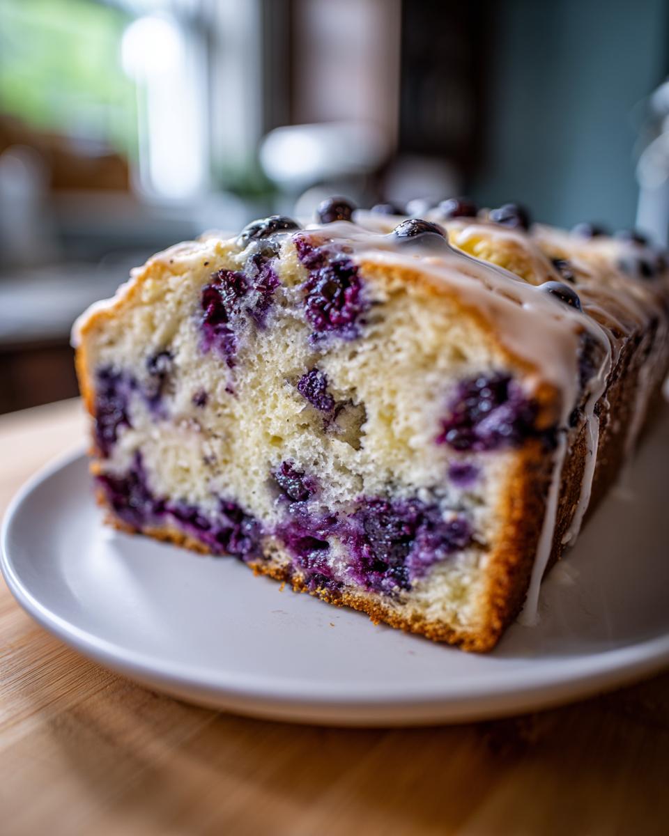 Close-up of a slice of moist blueberry bread topped with a sweet vanilla glaze, showing rich purple berries inside.