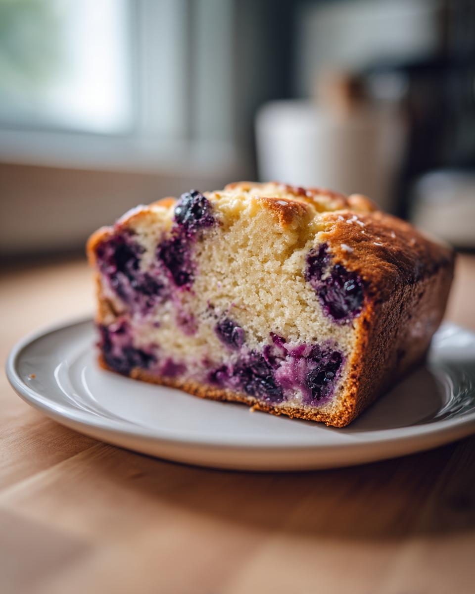 A thick slice of moist blueberry bread with visible purple berries on a small white plate.