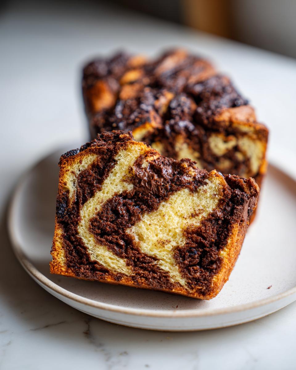 Close-up of a moist slice of chocolate babka showing rich chocolate swirls next to the full loaf.