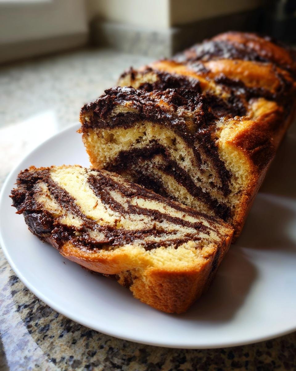 A loaf of moist chocolate babka, partially sliced, showing beautiful dark chocolate swirls inside.