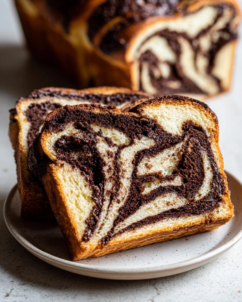 Two thick slices of moist chocolate babka showing beautiful dark chocolate swirls against the light dough, served on a plate.