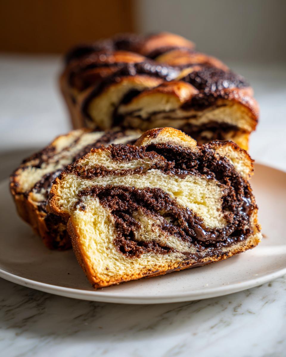 Close-up of two thick slices of moist chocolate babka showing the rich, swirled chocolate filling and golden crust.