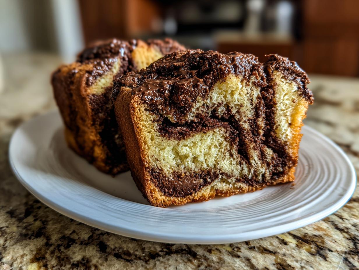 Two slices of moist chocolate babka showing rich, dark chocolate swirls inside, served on a white plate.