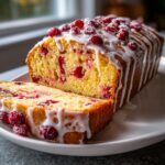 A moist slice of cranberry orange bread topped with white glaze and fresh cranberries.