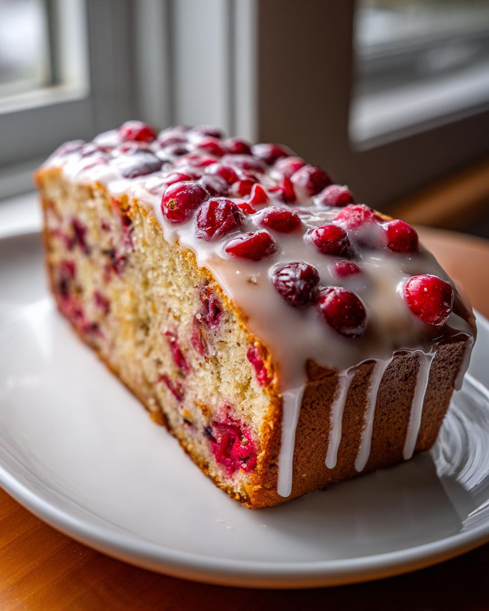 A close-up of moist cranberry orange bread topped with a thick white glaze and whole cranberries.