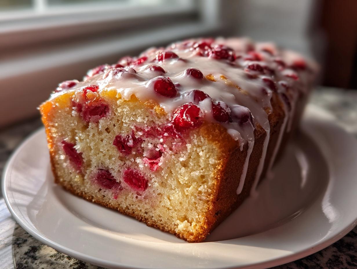 Close-up of a slice of moist cranberry orange bread topped with a sweet white glaze and whole cranberries.