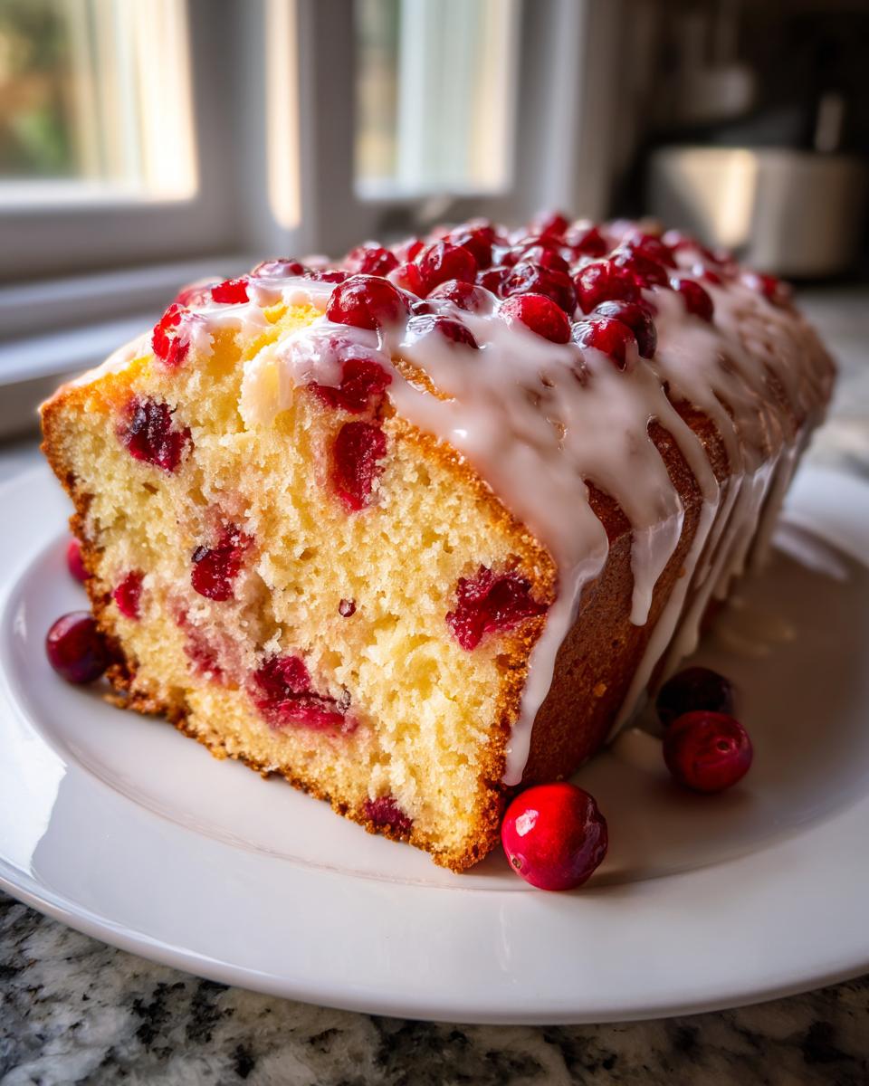 A slice of moist cranberry orange bread topped with a thick white glaze and fresh cranberries.