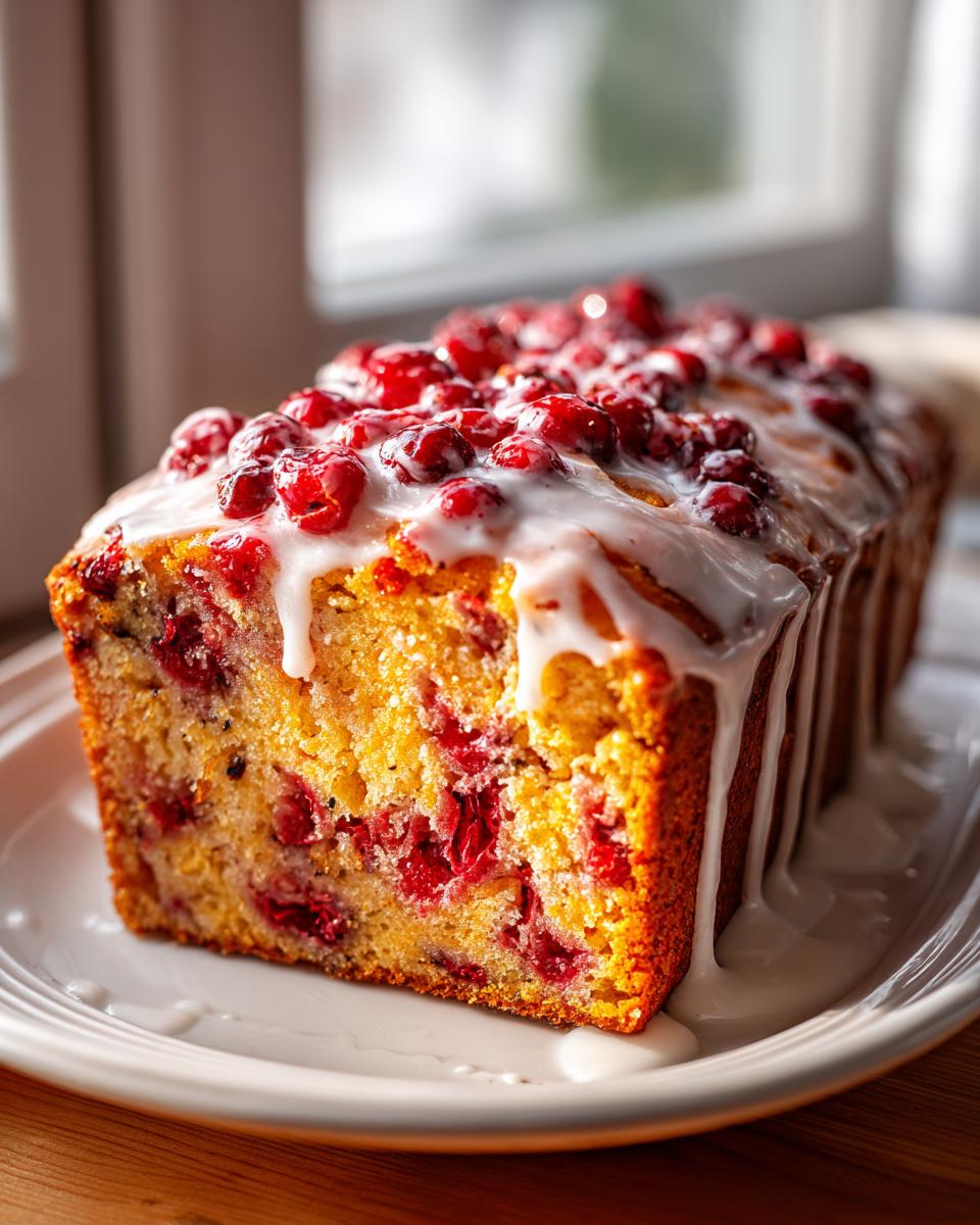 Close-up of a slice of moist cranberry orange bread topped with a thick white glaze and fresh cranberries.