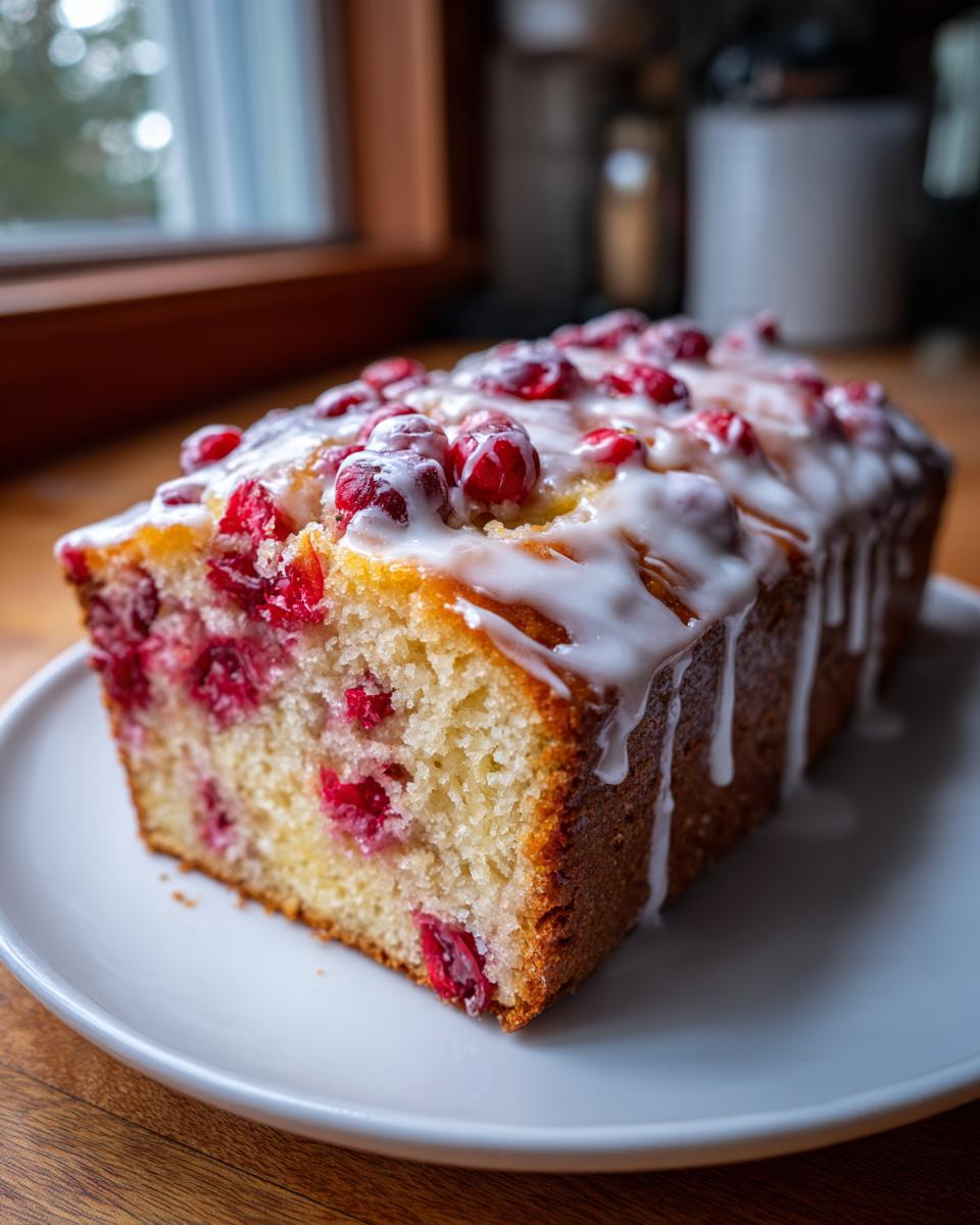 A slice of moist cranberry orange bread topped with a thick white glaze and whole cranberries.