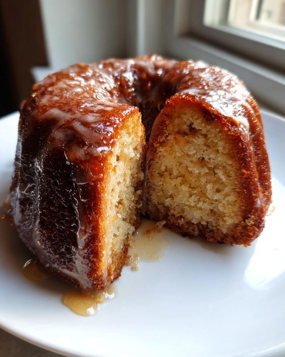 Close-up of a moist, golden rum cake with a shiny glaze, featuring a slice cut out to show the crumb texture.