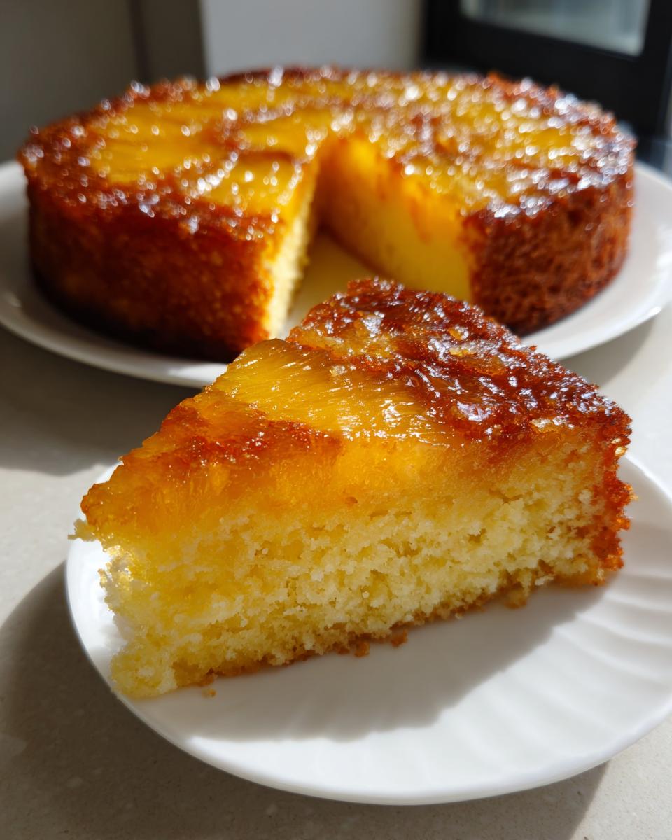 A slice of moist pineapple upside down cake on a white plate with the rest of the cake blurred in the background.