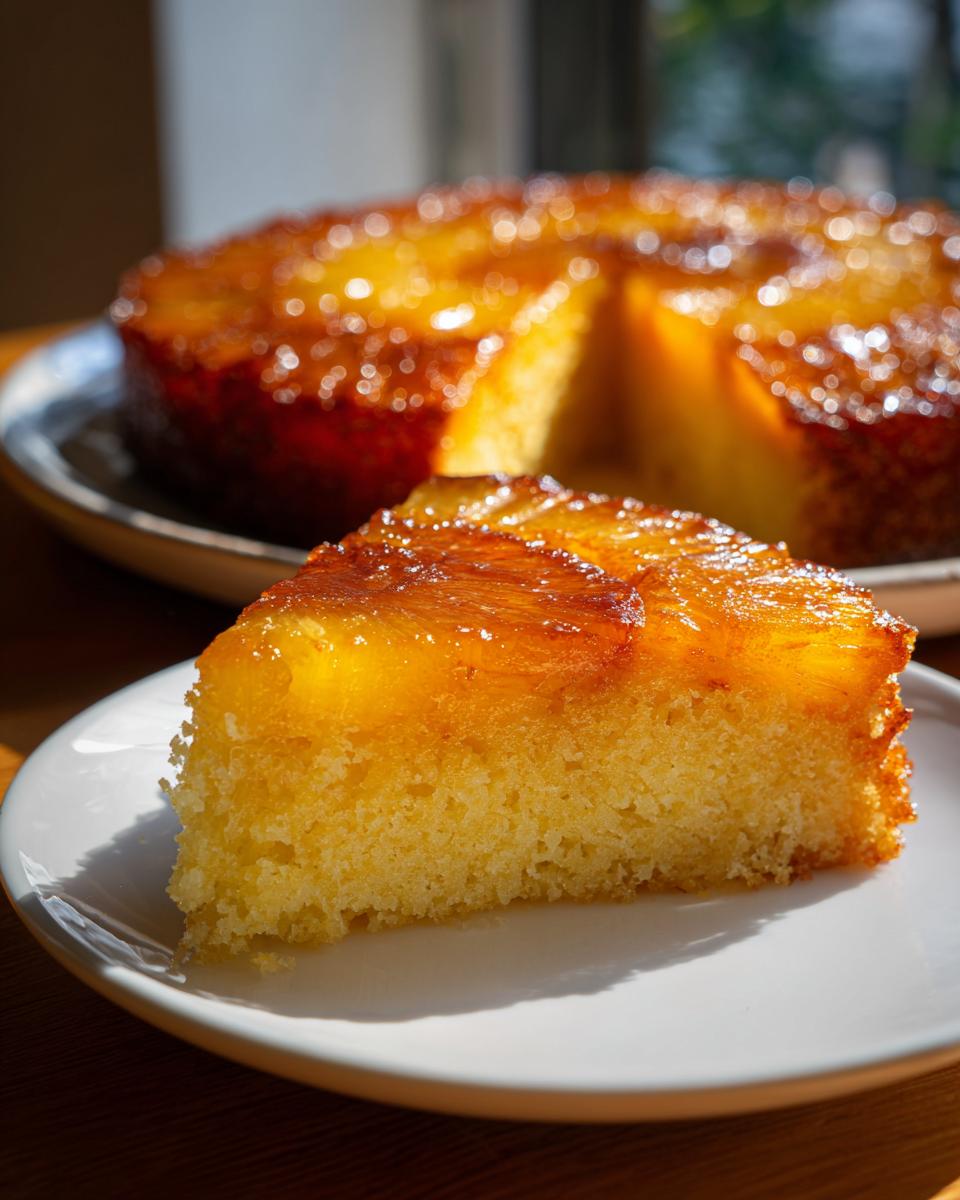 A close-up slice of moist pineapple upside down cake sitting on a white plate, with the rest of the cake blurred in the background.