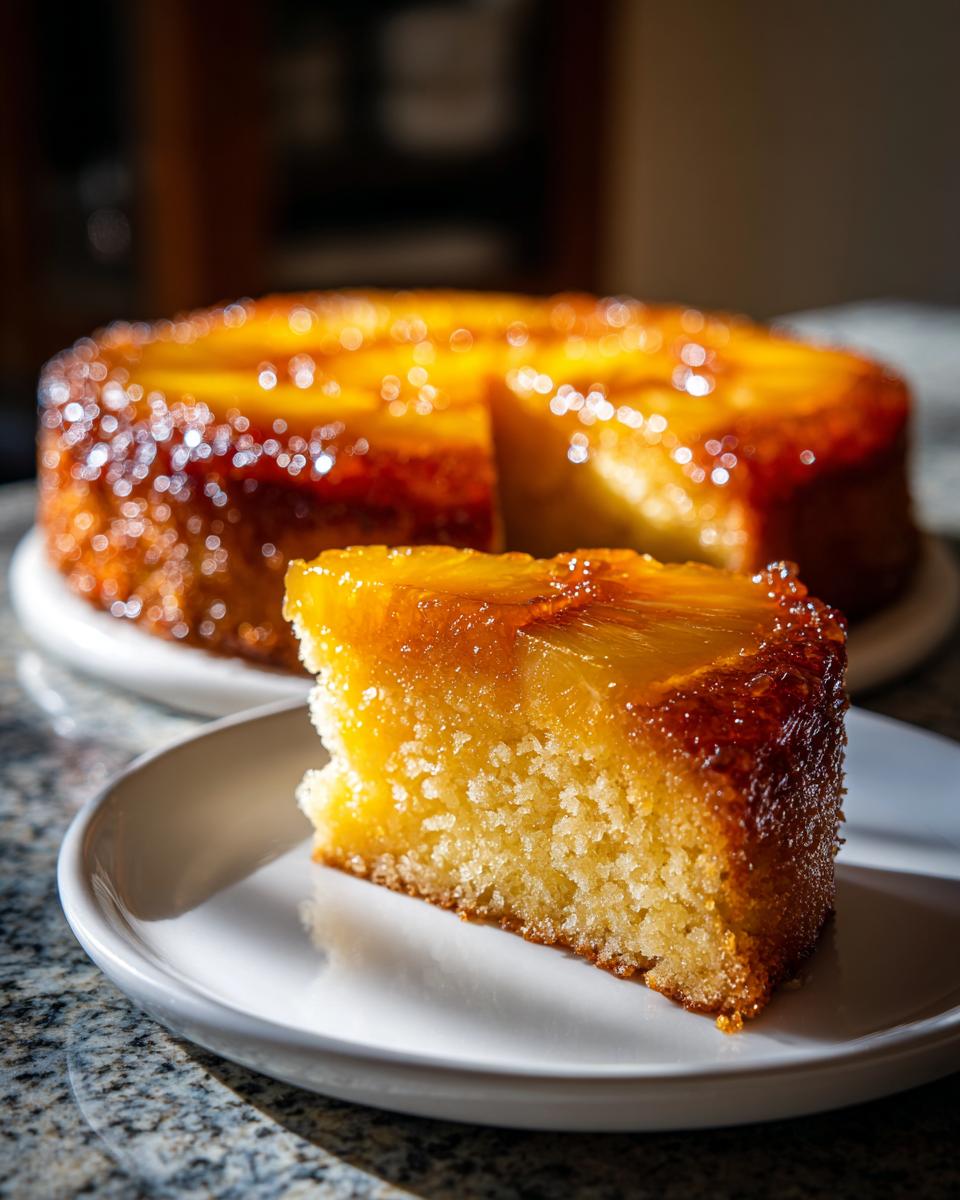 A close-up of a moist slice of pineapple upside down cake on a white plate, showing the caramelized topping.