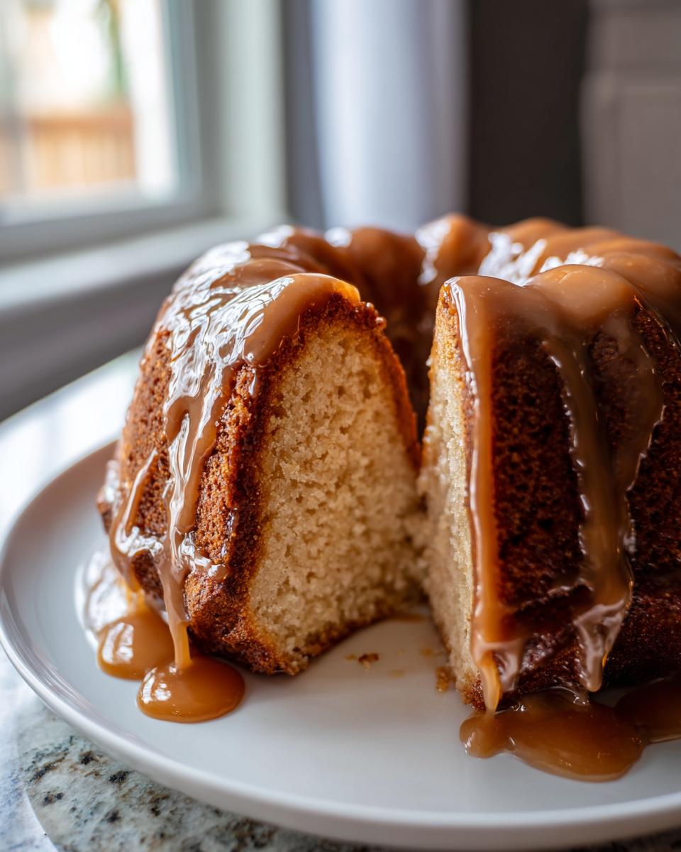 A moist rum cake recipe bundt cake, sliced open and generously drizzled with thick caramel sauce.