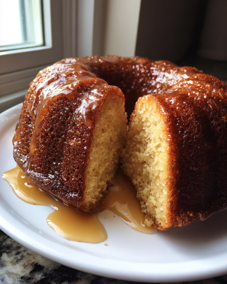 A moist rum cake recipe bundt cake, cut to show the texture, heavily drizzled with a shiny rum glaze.