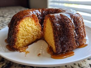 A moist, golden rum cake sitting on a white plate, generously drizzled with a dark rum glaze, with one slice cut out.