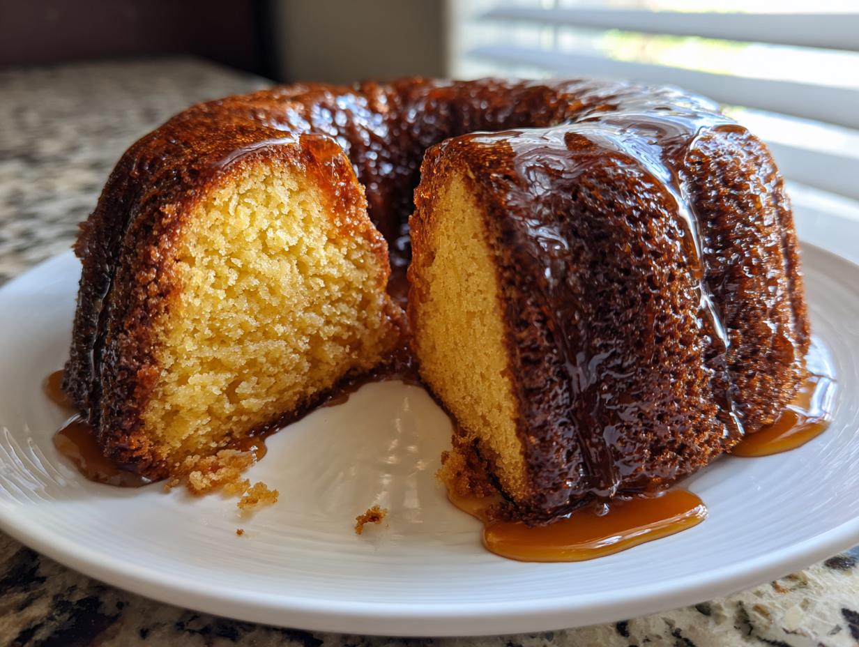 A moist, golden rum cake sitting on a white plate, generously drizzled with a dark rum glaze, with one slice cut out.