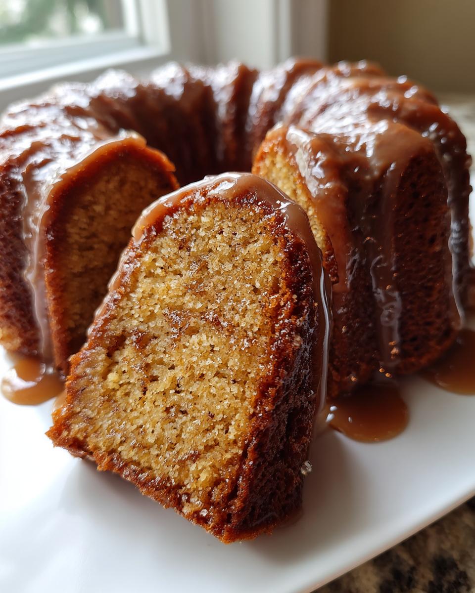 Close-up of a moist slice cut from a bundt rum cake recipe, heavily drizzled with a rich caramel glaze.