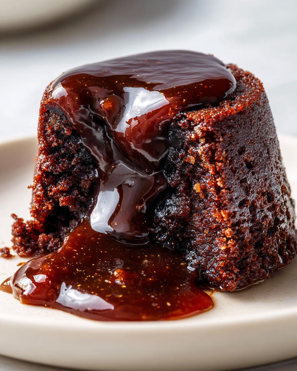 Close-up of a moist individual sticky toffee pudding recipe portion drenched in rich, glossy toffee sauce.