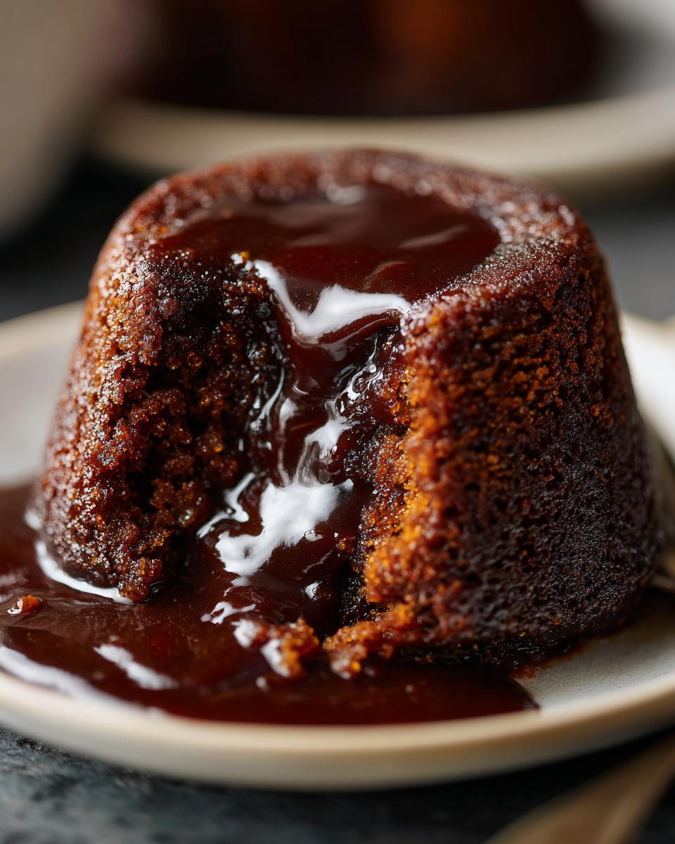 Close-up of a moist sticky toffee pudding recipe portion with rich toffee sauce oozing from the center.