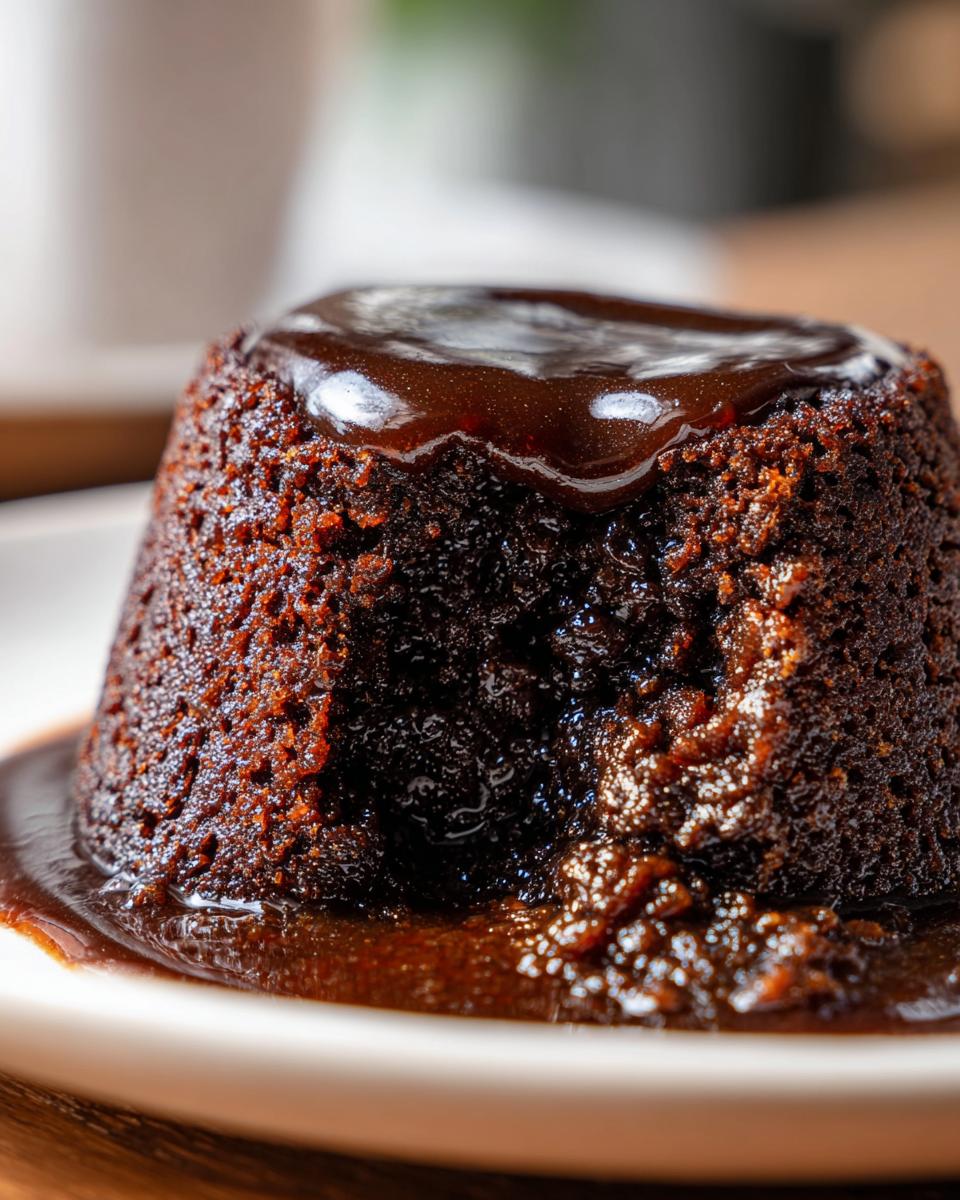 Close-up of a moist sticky toffee pudding cake with rich toffee sauce dripping over the top and pooling at the base.