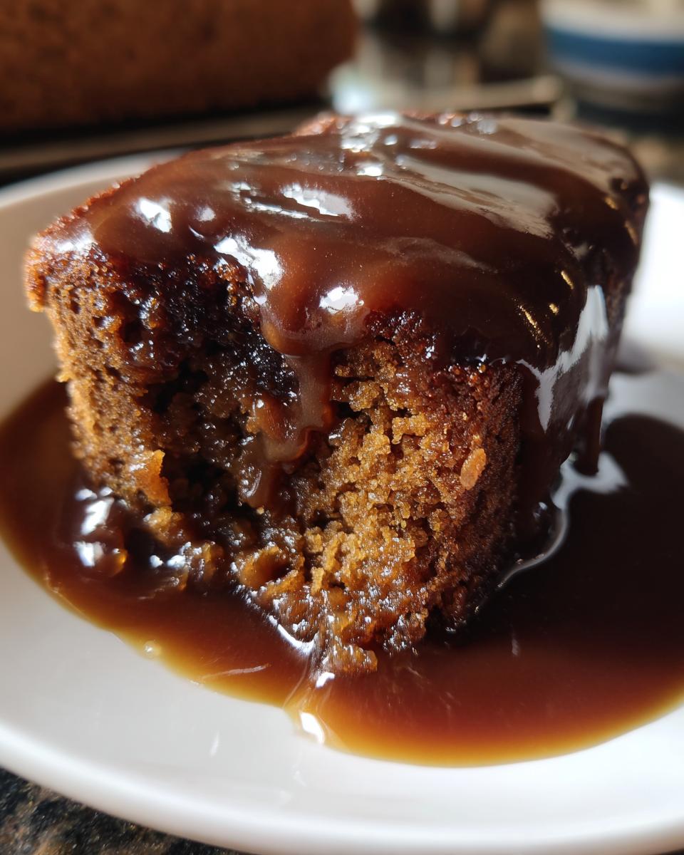 Close-up of a moist slice of sticky toffee pudding recipe drenched in rich toffee sauce.