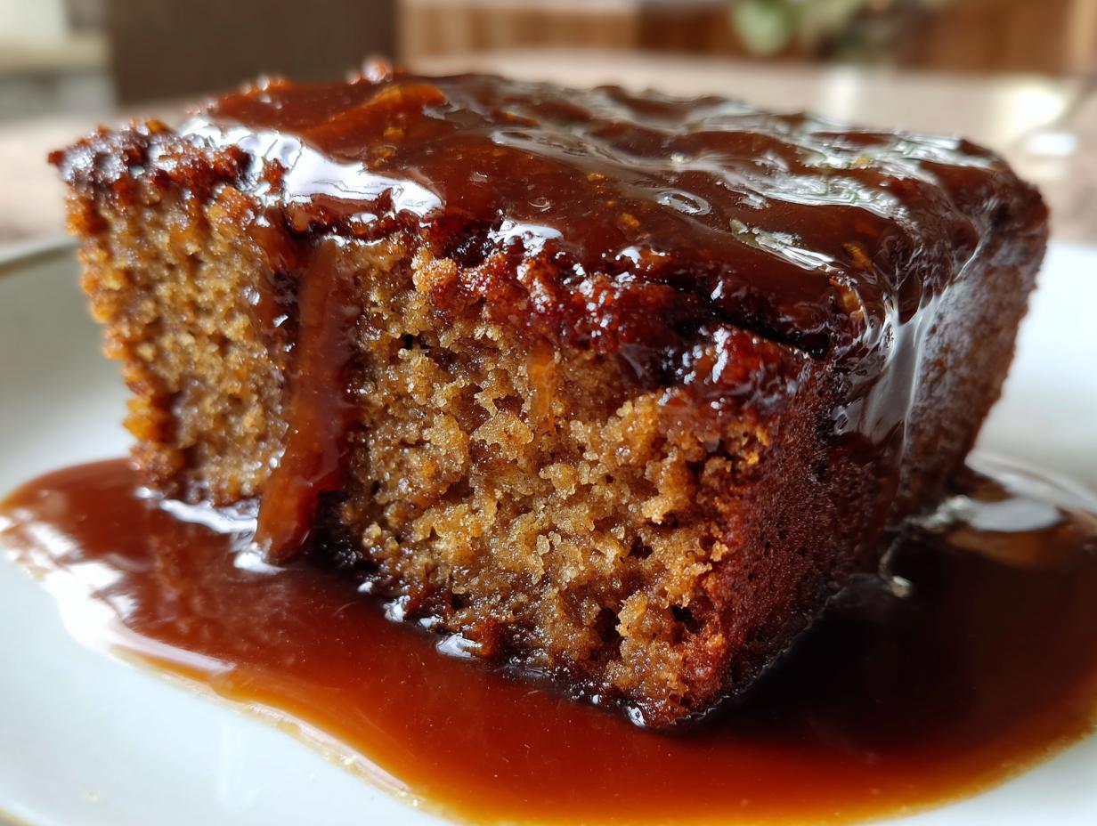 Close-up of a rich, moist slice of sticky toffee pudding recipe covered in glossy toffee sauce.