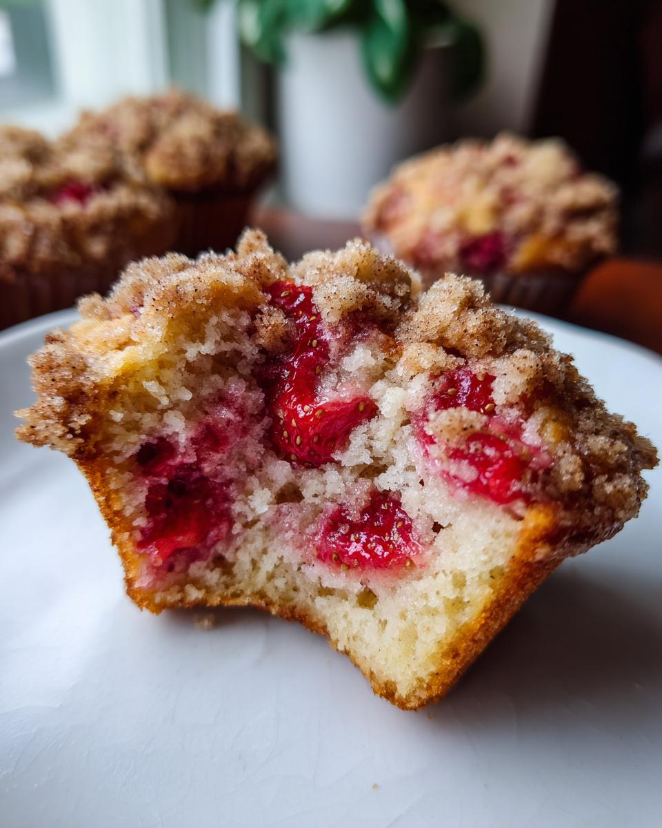 Close-up of a bitten strawberry muffin showing moist crumb, bright red strawberries, and cinnamon streusel topping.