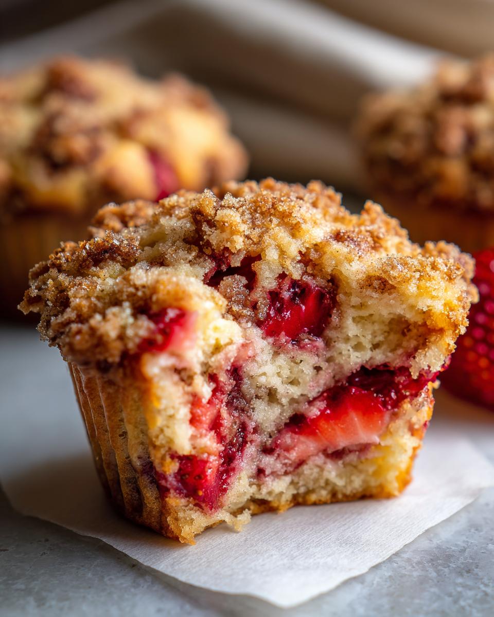 Close-up of a moist strawberry muffins cut in half showing fresh strawberry filling and a crunchy cinnamon streusel topping.